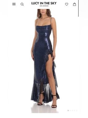 Lucy in the Sky Navy Sequin High-Low Slit Gown